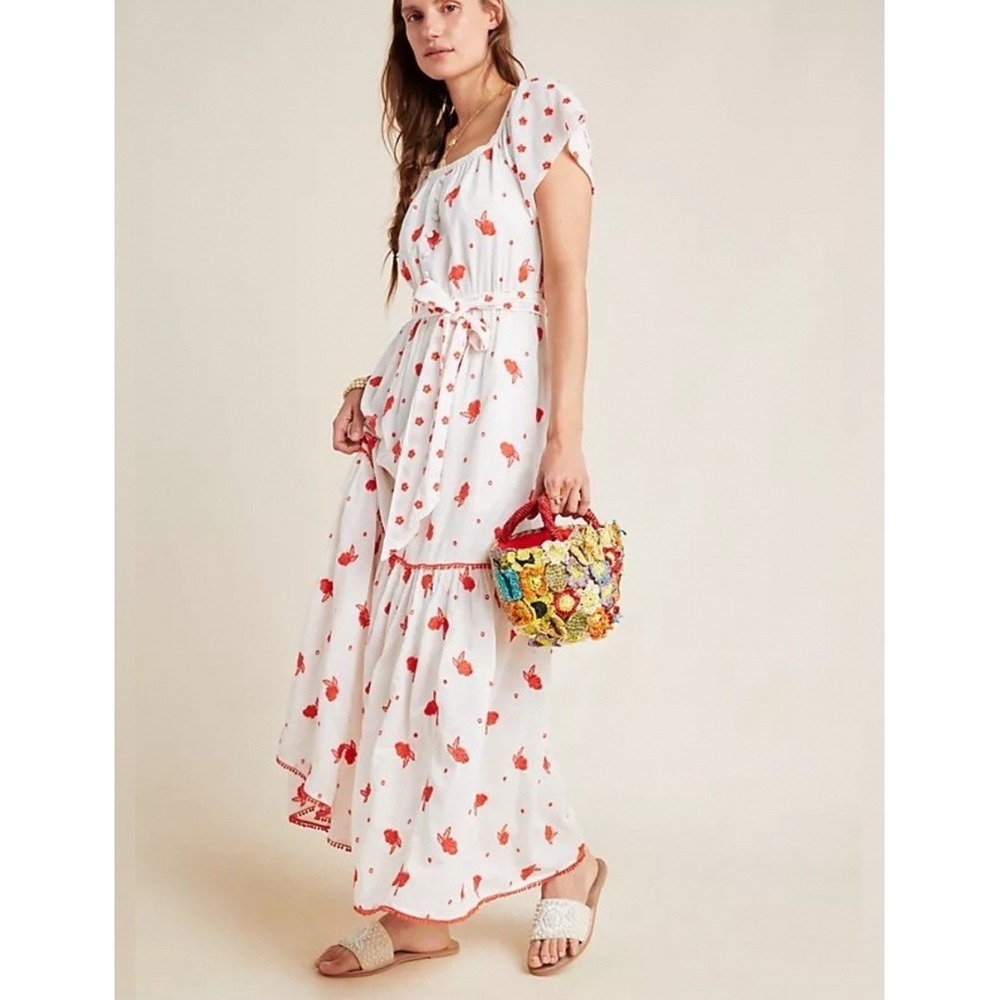 Anthropologie Esme White Red Floral Embroidered Midi Dress XS Pockets Boho